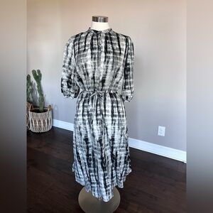 Who What Wear x Target Midi Dress Cotton Ikat Tie Dye Watercolor Grey/Black LG